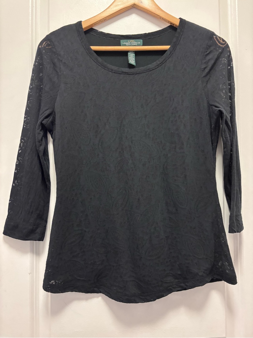 Ralph Lauren Black Long Sleeve Scoop Neck Lace-Overlay Top